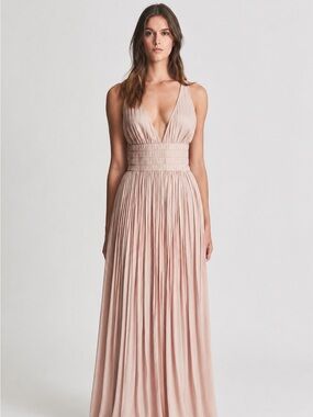 Plunge V-Neck Pleated Maxi Dress in Blush Pink